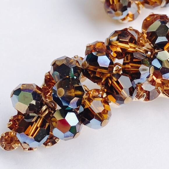 VTG Juliana Mid Century Cha Cha Brooch Earrings Set Gold Tone AB Beads Root Beer - Picture 4 of 14